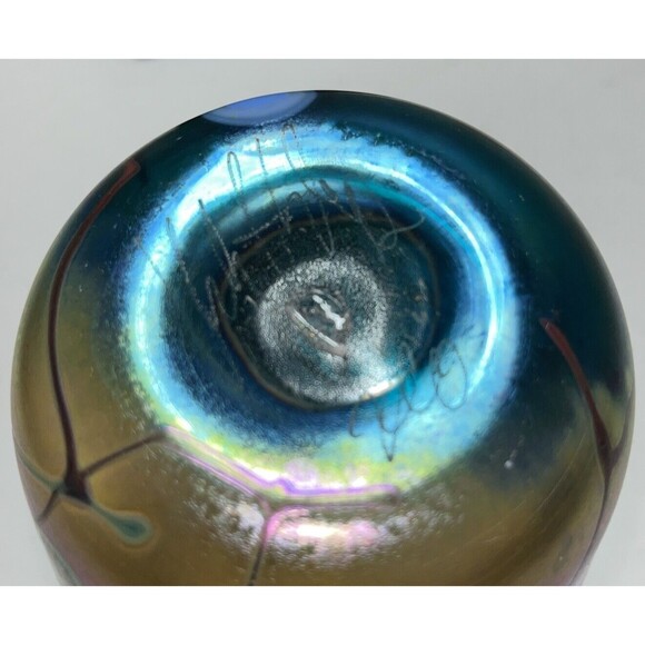 Rick Hunter ? Studio Art Glass 6 Inch Vase Abstract Design Iridescent Dated 2012 - Picture 12 of 16